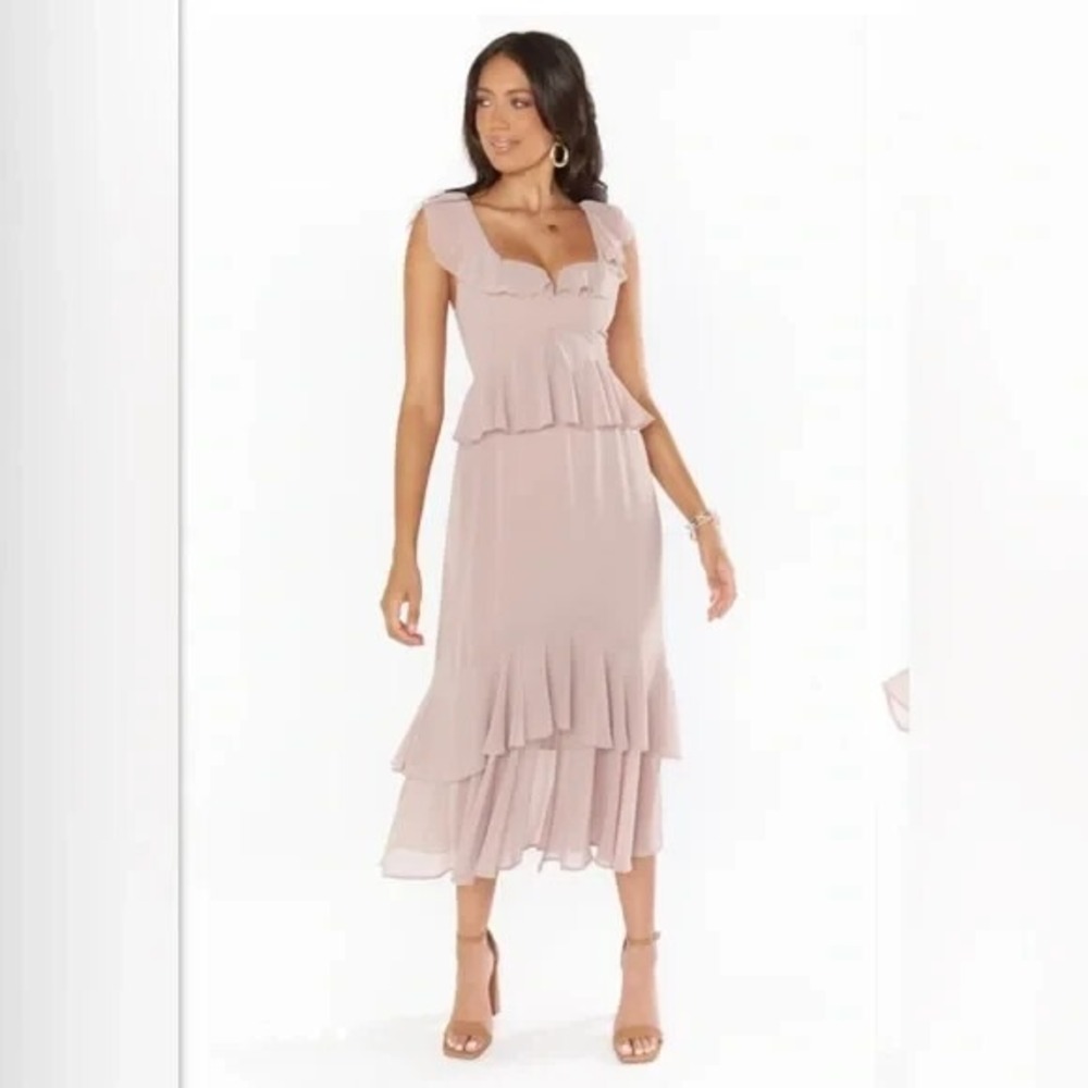 NWT Show Me Your Mumu Reese Ruffle Midi Dress Soft Beige Blush XXS Retail $198 - Picture 2 of 6